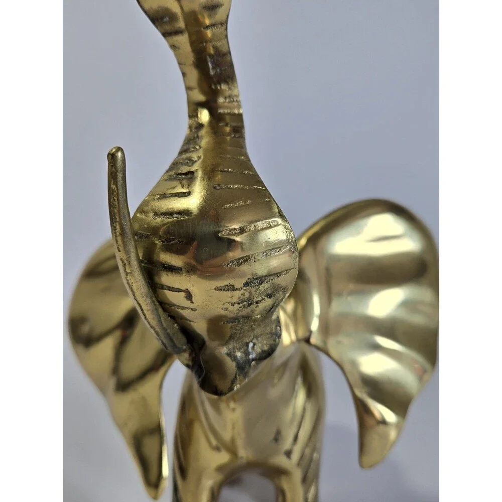 Vintage Solid Brass Elephant Figurine Raised Trunk India 9